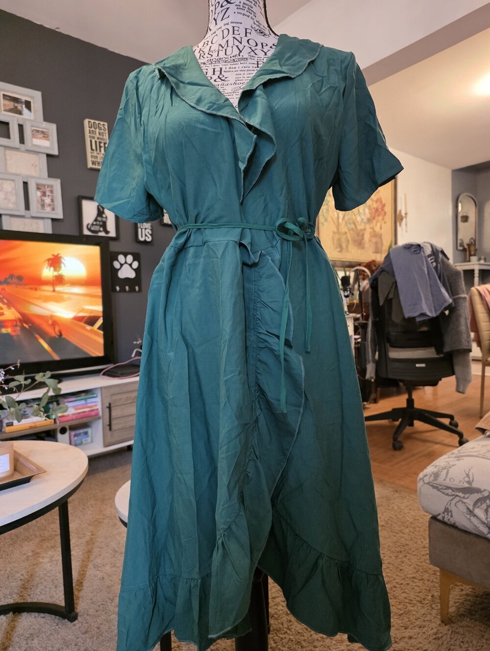 Elegant Teal Wrap Dress with Ruffle Detail
